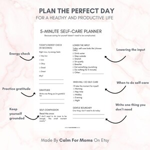 May include: A white 5-minute self-care planner with text that reads "Plan the Perfect Day for a Healthy and Productive Life." Includes sections for energy check, gratitude, and self-compassion. The planner is designed to help users incorporate self-care into their daily routines.