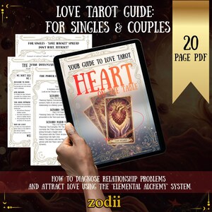 Puede incluir: Una guía digital titulada "Love Tarot Guide: For Singles & Couples" se muestra en una tableta. La guía presenta el texto "Heart on the Table" e incluye ilustraciones de cartas del tarot. Se ven páginas adicionales con texto.