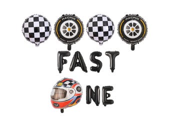 Fast One Racing Birthday Balloons, Checkered Flag Tire Helmet Party Decor