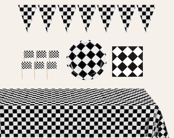 Black & White Checkered Racing,Race Car Birthday Party Decorations | Checkered Banner Balloons Tablecloth Set