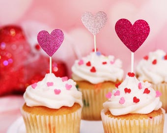 Handmade Glitter Heart Cupcake Toppers – Party Dessert Decor