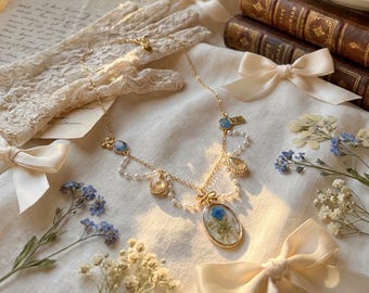 Forget-Me-Not Garden Necklace | Floral Resin Pearl Necklace | Romantic Cottagecore Jewelry