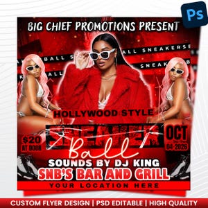 Könnte beinhalten: Roter Flyer für eine Sneaker-Ball-Veranstaltung. Das Bild zeigt eine Frau mit Sonnenbrille und rotem Mantel. Der Text enthält "Sneaker Ball", "Hollywood Style" und "Sounds by DJ King."