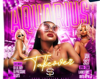 Aquarius Birthday Party Flyer, Photoshop Template, Editable Invite (Digital Download)