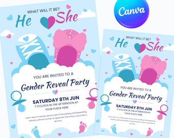 Gender Reveal Invitation Printable He or She Bear Theme Invite Edit Baby Shower  Blue Pink Balloon Cute Canva invite PDF