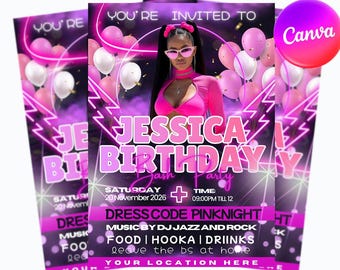 Birthday Bash Flyer Template, Pink & White Party Invitation, Canva (Digital Download)