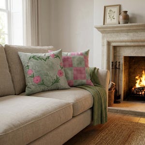 Floral Heart Wreath Throw Pillow Faux Suede Square Cozy Home Decor Pink Green Checkered back Gift for Her Girl Bedroom Decor