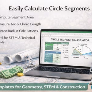 Può includere: Un laptop mostra un calcolatore di segmenti circolari, con una calcolatrice, denaro e progetti nelle vicinanze. L'immagine include il testo "Easily Calculate Circle Segments" e "Excel Templates for Geometry, STEM & Construction."