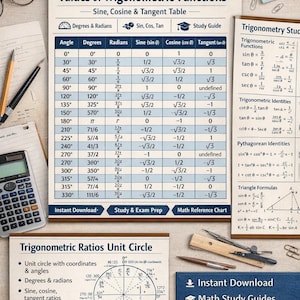 May include: Educational charts for trigonometric studies, featuring values of trigonometric functions, unit circle ratios, and formulas. Includes degrees, radians, sine, cosine, and tangent tables. Ideal for students and exam preparation.