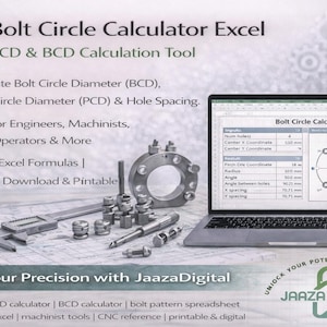 May include: A laptop displays a Bolt Circle Calculator Excel spreadsheet, with a diagram and numerical data. The image includes a caliper, metal parts, and a calculator. Text reads: "Boost Your Precision with JaazaDigital."