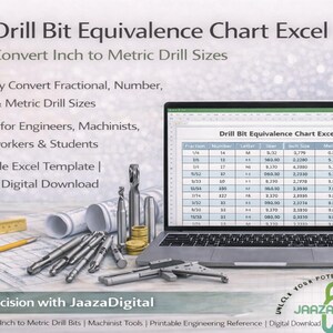 Puede incluir: Un portátil muestra una tabla de equivalencia de brocas. Varias brocas, una regla, un lápiz y una calculadora están dispuestas alrededor del portátil. El texto en la pantalla dice "Drill Bit Equivalence Chart Excel".