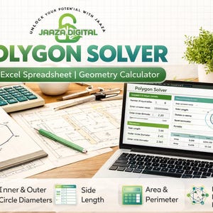 May include: A laptop displaying "Polygon Solver" software sits on a wooden desk, alongside a calculator, notepad with a geometric drawing, and a cup of coffee. The image includes the text "Excel Spreadsheet | Geometry Calculator".