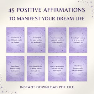 Peut inclure: Un téléchargement numérique avec 45 affirmations positives pour manifester votre vie de rêve. La conception comprend huit cartes avec des affirmations telles que « Je suis confiant en mes capacités » et « Je suis un aimant pour les opportunités ». Les cartes sont violettes avec du texte blanc.