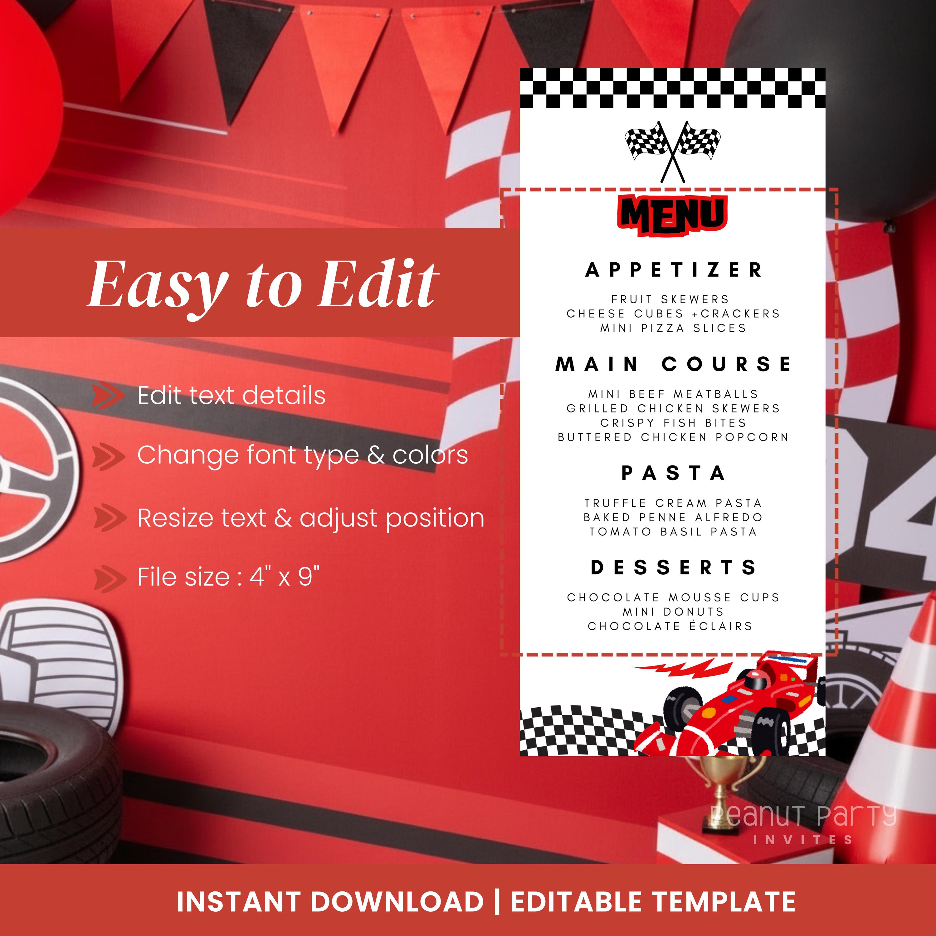 Race Car Birthday Menu, Checkered Flag, Motorsports Racing Printable ...