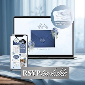 May include: A digital invitation design displayed on a laptop and smartphone. The invitation features a navy blue envelope with a wax seal, floral accents, and the text "You're Invited." The smartphone shows RSVP details.
