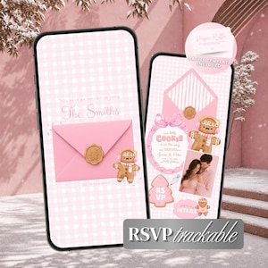 May include: Two smartphones display a digital baby shower invitation template with a pink gingham background. The screens feature a pink envelope with a gold wax seal, a gingerbread character, and text reading Our little cookie is on the way.