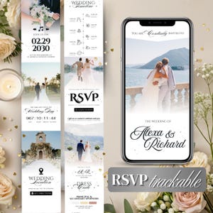 May include: A wedding invitation design featuring a smartphone displaying a couple and event details. Additional panels show the wedding timeline, RSVP information, location, and dress code. The invitation includes the names Alexa & Richard.
