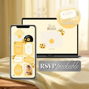 May include: A digital invitation template set displayed on a smartphone and laptop screen, featuring a yellow and white gingham pattern, sunflower illustrations, bee motifs, and text including You're INVITED, RSVP, and a diaper raffle card template.