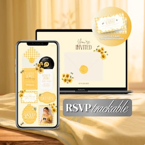 May include: A digital baby shower invitation template set displayed on a smartphone and laptop screen, featuring yellow gingham patterns, sunflower illustrations, bee graphics, a beehive RSVP card, and a diaper raffle card template.