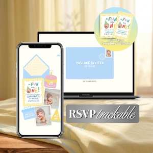 May include: A smartphone and laptop display a digital invitation and gift tags for a first birthday. The invitation features a baby's photo and the text "FUN to be ONE!" with "WILLIAM'S FIRST BIRTHDAY." The gift tags also have the same theme.