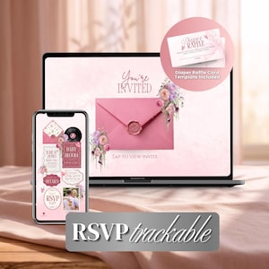 May include: A digital invitation design displayed on a laptop and smartphone. The invitation features a pink envelope with floral accents and the text "You're Invited." A diaper raffle card template is also included. The words "RSVP trackable" are displayed.
