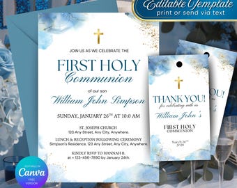 Blue Watercolor First Communion Invitation, Gold Cross, Thank You Tags : Editable Canva Template