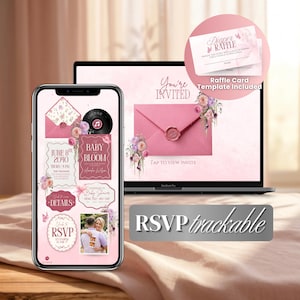 May include: A digital baby shower invitation template displayed on a phone and laptop. The invitation is pink with floral accents and includes details, RSVP information, and a raffle card template. The phone screen shows a pink invitation with the text "Baby Bloom".