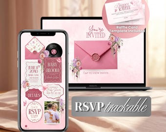 Sitio web para baby shower, invitación digital "Baby in Bloom" con música, temporizador y mapas: plantilla de Canva.