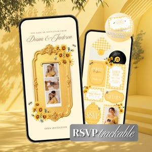 May include: Two smartphones displaying digital invitation templates with a yellow and white color scheme. The screens feature sunflower illustrations, bee graphics, and photo strips. Text includes "Diana & Jackson," "Open Invitation," "Raffle Template Included," and "RSVP trackable."