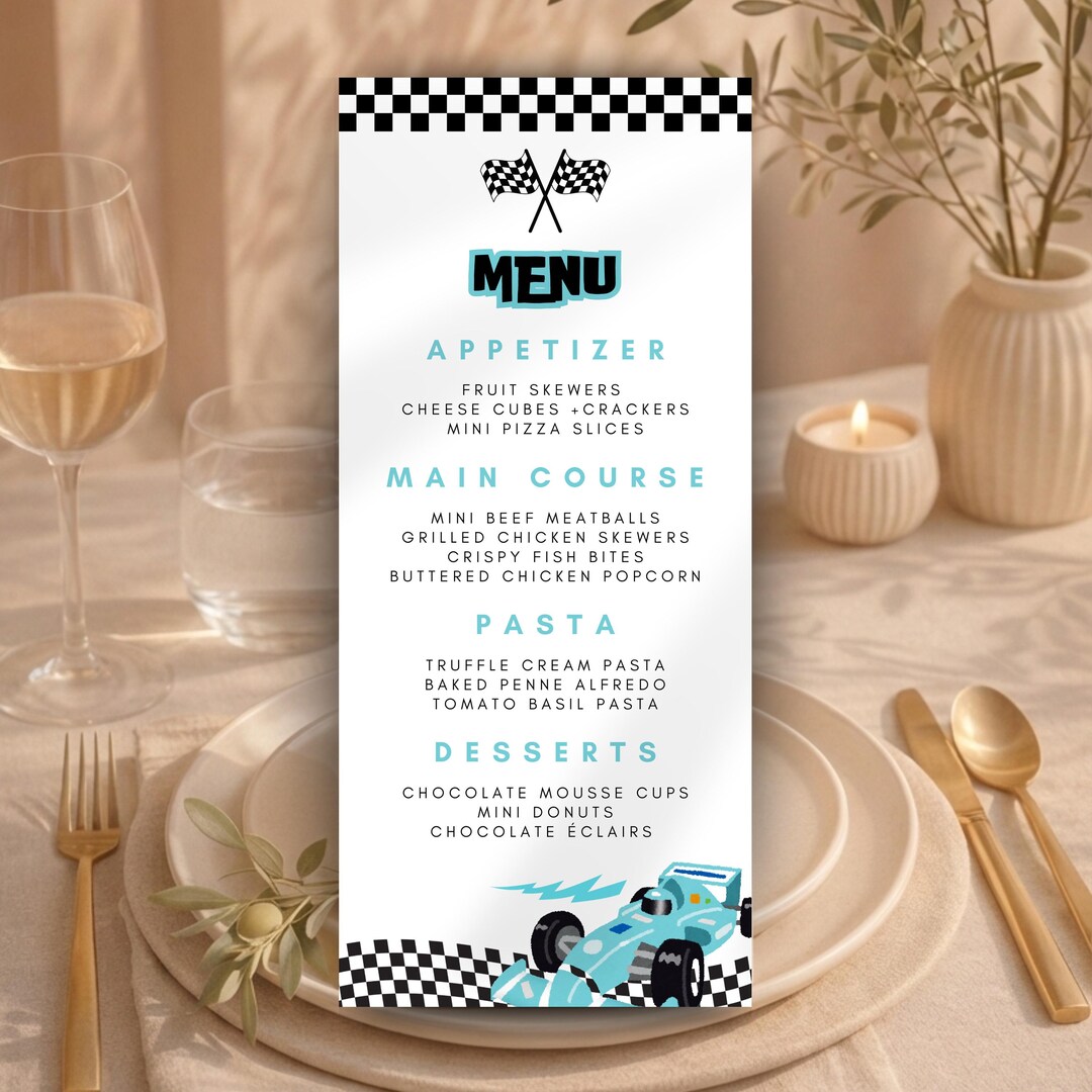 Race Car Birthday Menu, Checkered Flag, Blue Motorsports Printable Menu ...