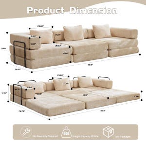 May include: A beige modular sofa with black metal frames, shown in upright and flat configurations with dimension labels in inches. The sofa features multiple cushions and a total width of 118.11 inches, with a weight capacity of 600 lbs.