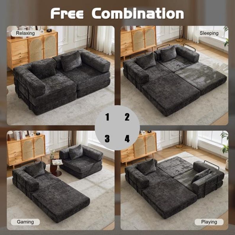 May include: A modular dark grey sofa set shown in four configurations labelled Free Combination, Relaxing, Sleeping, Gaming, and Playing. The sofa features a textured fabric finish, square cushions, and a low-profile design with black metal frames.