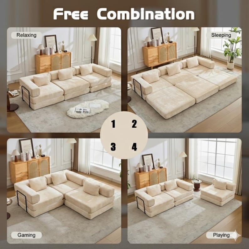 May include: A modular beige sofa set with black metal side frames, shown in four configurations labelled Free Combination, Relaxing, Sleeping, Gaming, and Playing. The set includes multiple square cushions and rectangular base sections.