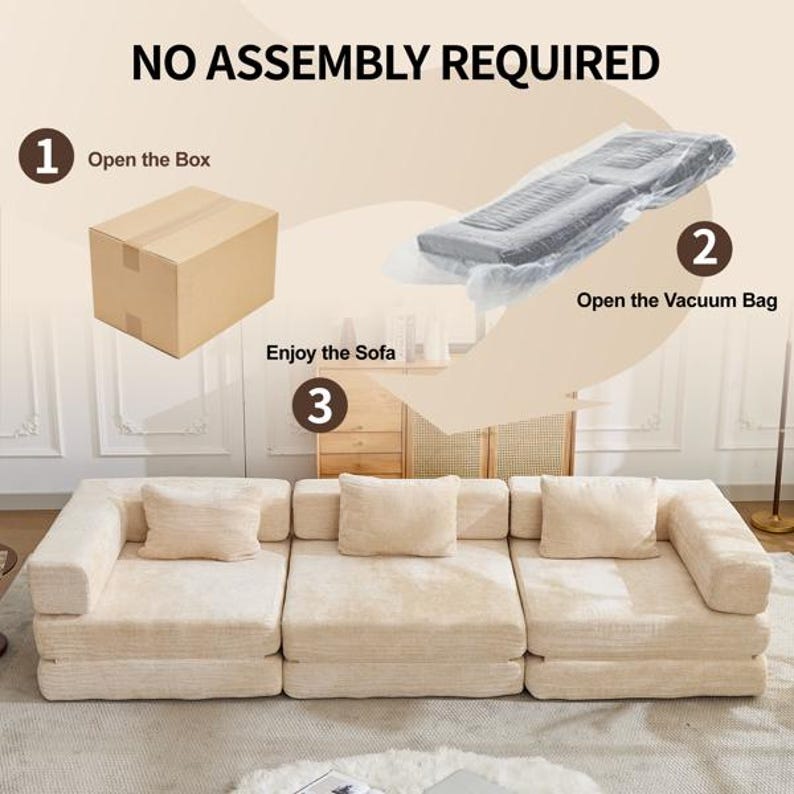 May include: A modular beige sofa with three square cushions and two armrests. The image includes instructions: 1. Open the Box, 2. Open the Vacuum Bag, 3. Enjoy the Sofa. The text NO ASSEMBLY REQUIRED is displayed at the top of the graphic.