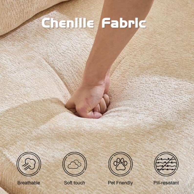 May include: A beige chenille fabric with a textured surface. The text Chenille Fabric is displayed at the top. Four circular icons are at the bottom with the labels Breathable, Soft touch, Pet Friendly, and Pill-resistant below each icon.