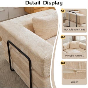 May include: A beige textured sofa featuring a black metal frame, a movable armrest, and a visible zipper. The image includes text labels Detail Display, 01 Movable Iron Frame, 02 Movable Armrest, and 03 Zipper, highlighting the modular components.