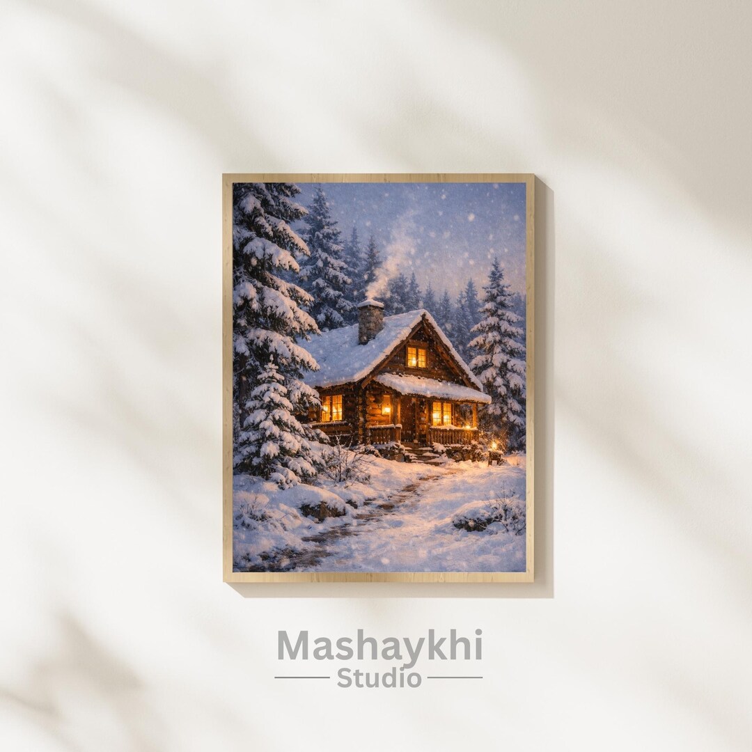 Cozy Winter Cabin Print, Snowy Forest Landscape, Rustic Wall Art ...
