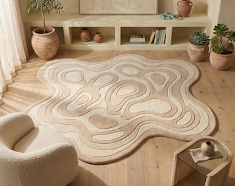 Handgetuft wollen vloerkleed, abstract gevormd beige woonkamertapijt