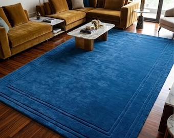 Hand Tufted Blue Wool Rug, Minimalist Border Area Carpet, Modern Living Room Decor