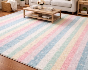 Hand Tufted Pastel Stripe Rug, Modern Rainbow Decor