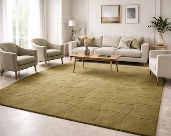 Hand Tufted Wool Area Rug, Modern Green Abstract Wave Pattern