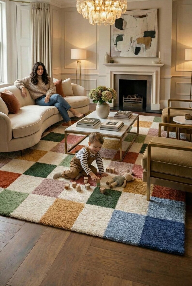 Handmade Checkered Rug, Modern Tufted Carpet, Colorful Square Pattern ...