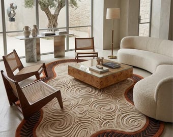 Hand Tufted Organic Wool Rug, Abstract Beige Terracotta Area Carpet
