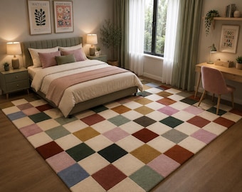 Handmade Checkered Rug, Modern Tufted Carpet, Colorful Square Pattern