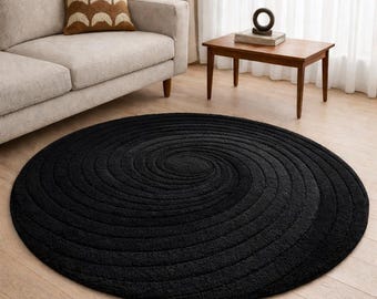 Handmade Black Wool Round Rug, Modern Minimalist Concentric Design