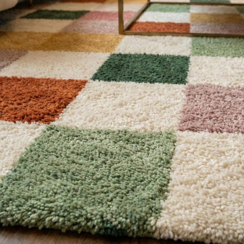 Handmade Checkered Rug, Modern Tufted Carpet, Colorful Square Pattern ...