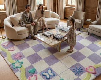 Alfombra de cuadros pastel hecha a mano / Decoración floral para habitación infantil con estrellas