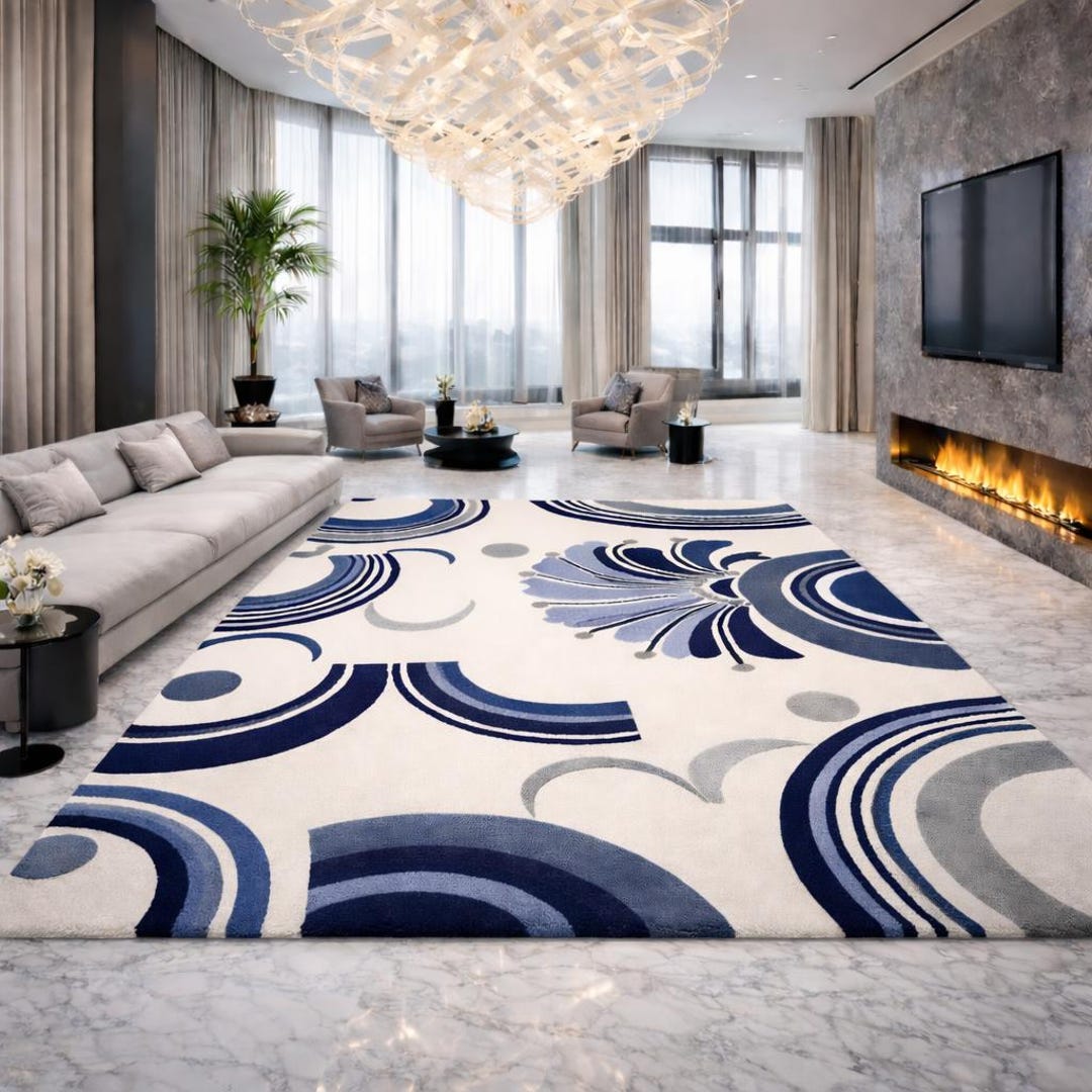 Hand Tufted Blue & White Geometric Rug, Modern Designer Rug - Etsy