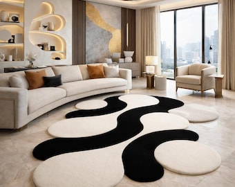 Tappeto in lana annodato a mano / Design moderno ondulato, beige e nero