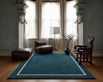 Alfombra de lana color verde azulado tejida a mano, alfombra moderna minimalista con borde.